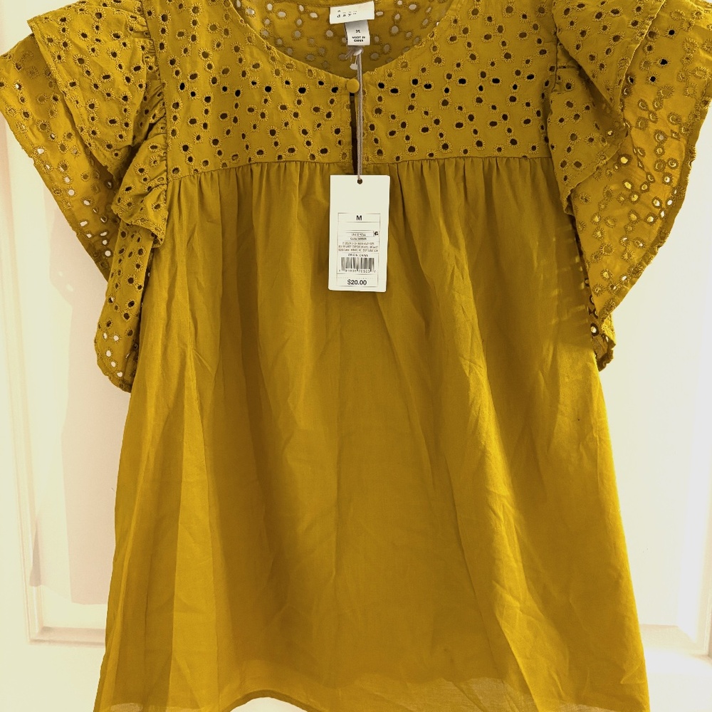 NWT A New Day Mustard Eyelet Flutter Sleeve Blouse - Size M